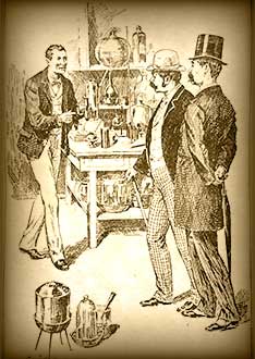 Ilustración de Stamford y Watson en un laboratorio con Holmes
