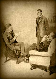 Dr. Mortimer exponiendo el caso frente a Watson y Holmes