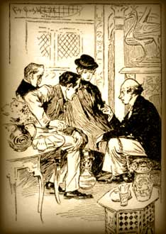 Thaddeus Sholto hablando con la Srta. Morstan, Holmes y Watson